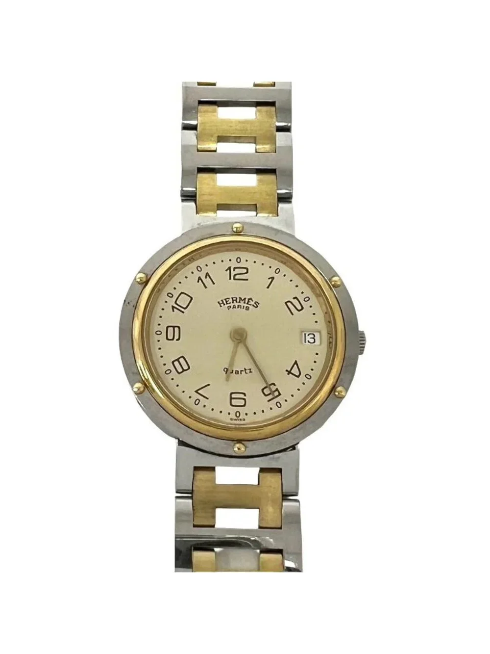 Hermes Clipper Stainless Quartz Watch Wrist Silver Gold